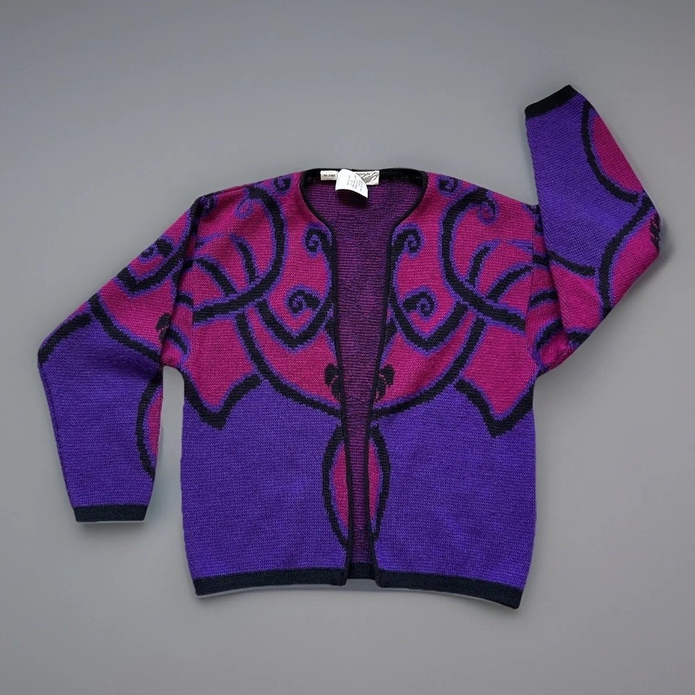 VTG Lord & Taylor 90s Colorblock Knit Cardigan Vibrant Purple Made In Italy Sz S